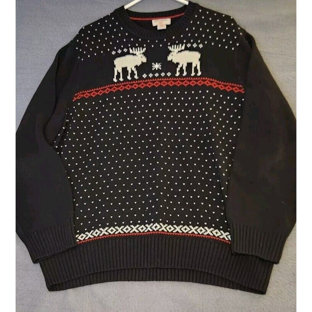 Dockers Black White Fair‎ Isle Nordic Winter Snowflake Moose Sweater Size XL